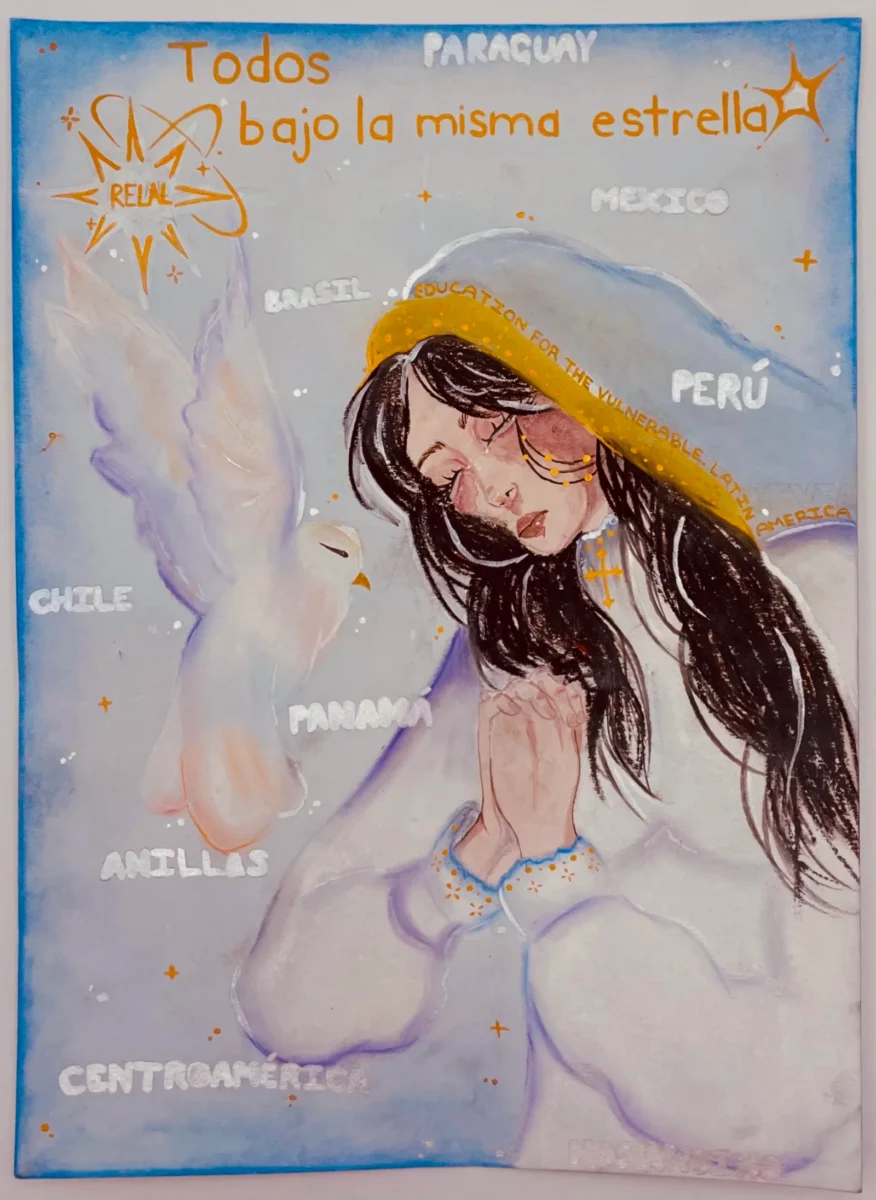 "Estrella". Watercolor, pastel, gold ink. This was created about the Lasallian charity RELAL. by Kaye Blankenship