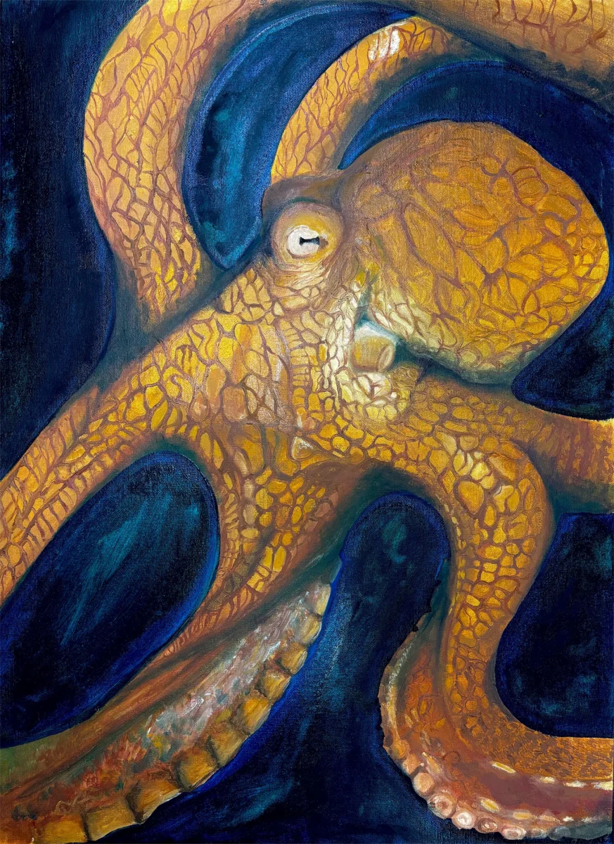 “Octopus” Oil paints, I have always loved marine life so this paint was a contribute to my love of them. by Leia Papajack