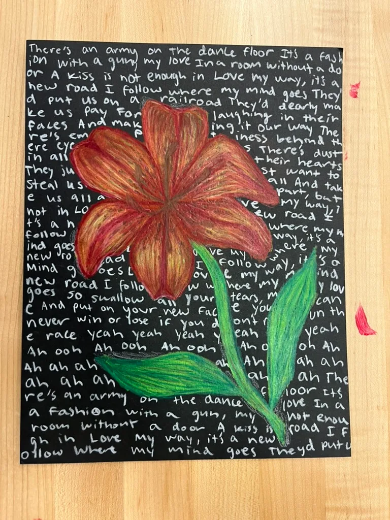 I used colored pencil and there is no story other than a tiger lily being my favorite flower and "love my way" by the psychedelic furs being one of my by Amelia Campy