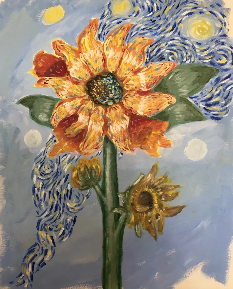 "Sunflower" Acrylic on canvas. In this art piece the dead sunflower, the sunflower bud, and the healthy sunflower symbolizes change and overcoming obs by Kendall Koch
