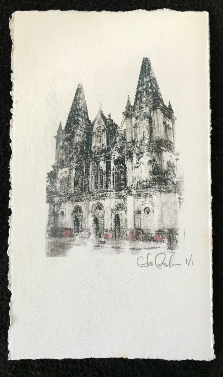 A Thomas Christian church in my home state of Kerala, India, film photo turned into an acetone transfer with pastel. by Cha Asokan