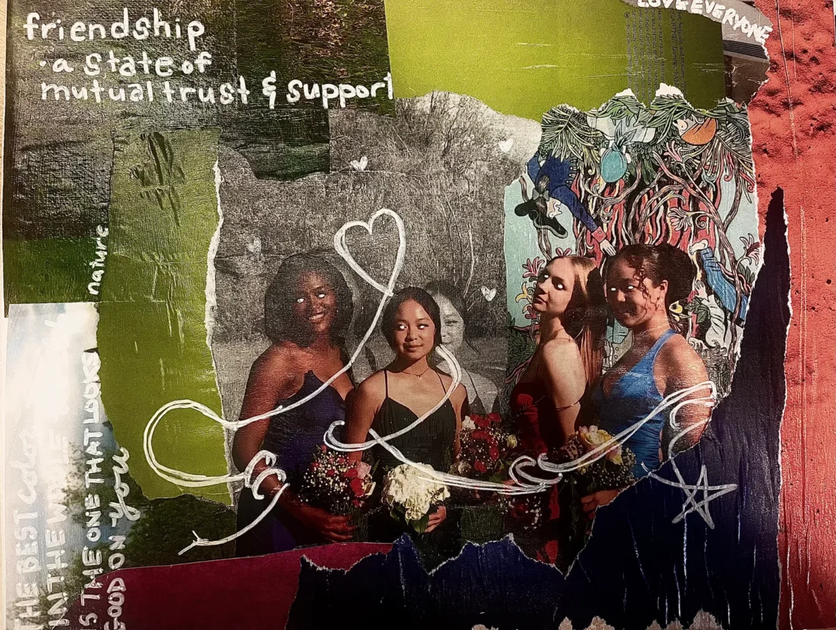 Friends, Mixed Media on Cavas. This art portrays how brightly I see my friendships. Even in a dull background, friendship shines brightly. by Yenny Gray