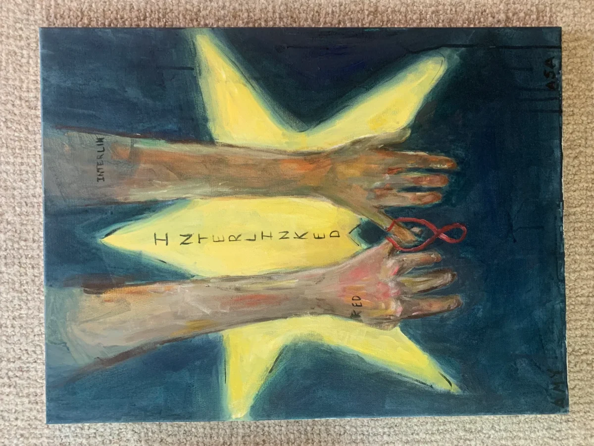 The title is Interlinked, and my friend painted it with me at a live painting event at my school. In my eyes it is suppose to portray how people can b by Amelia Hammond-Nye