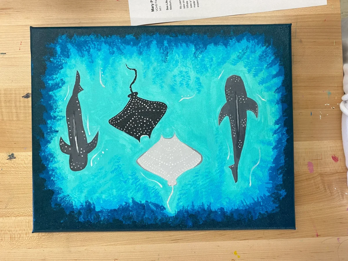 My painting of sea life was inspired by the sea animals I saw on my trip in Thailand. During this trip I got to see Whale Sharks up close when I swam  by Mary Paz Salas Cardenas