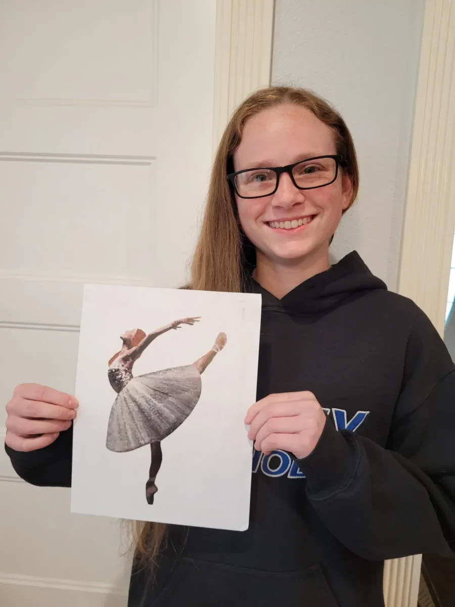 The title is "Prima Ballerina". This is a mosaic ballerina that I made in Graphic Design. by Mary Crosby